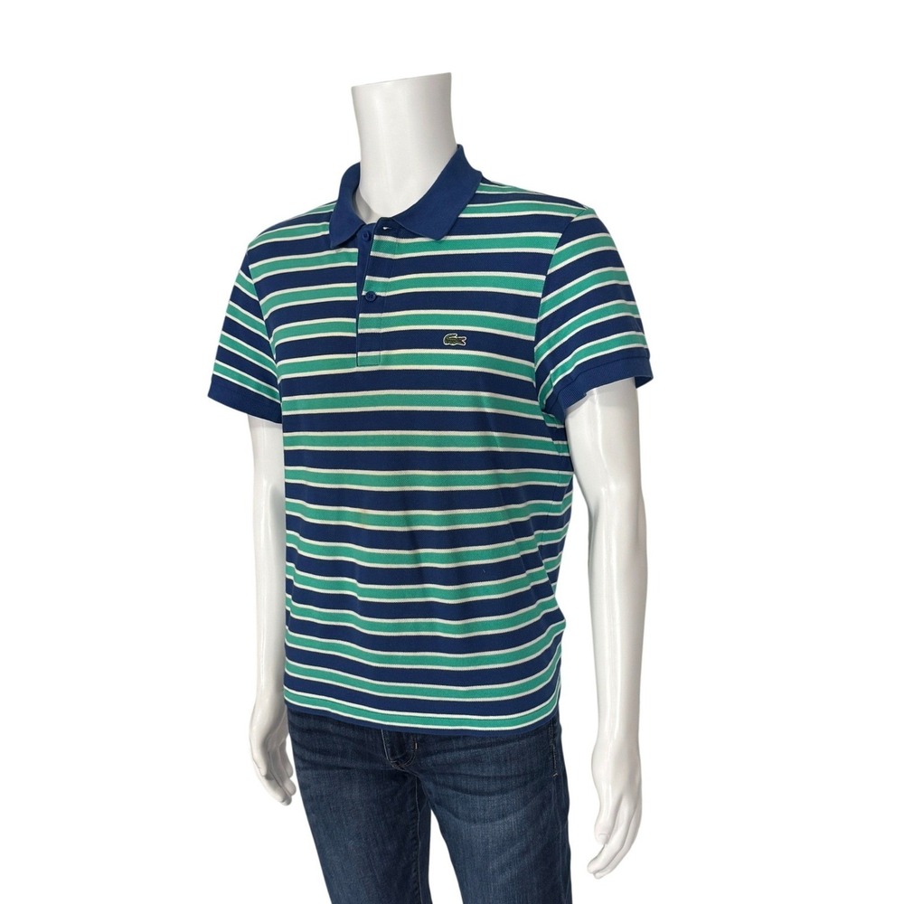 Lacoste Mens Regular Fit Striped Polo Shirt Blue Green‎ White Cotton Size 5 (M)
